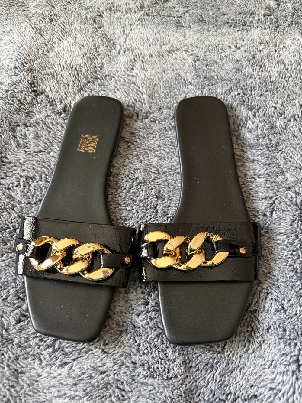 SHEIN Black Patent Slide Sandals with Gold Chain